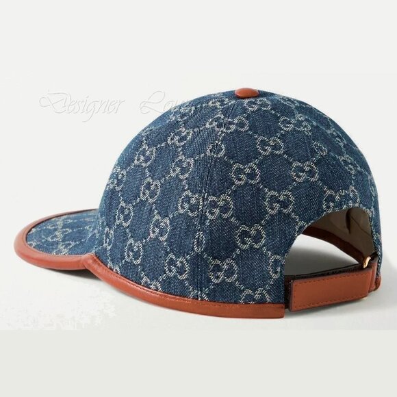 NEW GUCCI GG Monogram Denim Leather Trim Baseball Cap Hat Size M / 58 cm Authent - Picture 4 of 11